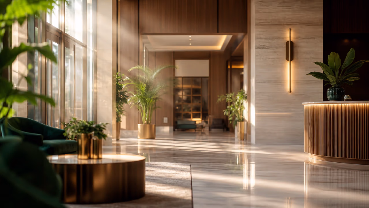 Recepción de hotel con sistema de ambientación instalado.